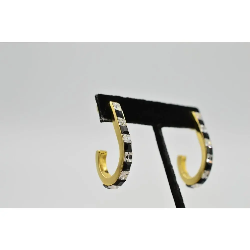 Vintage Crystal Earrings Gold Black Clear Square Rhinestone Gold Tone 1980s 9L